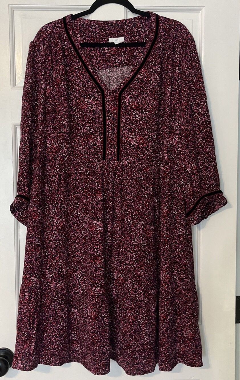 J Jill Dress 2X Pink Ditsy Floral Velvet Trim Boho Feminine Cottage Core Comfort